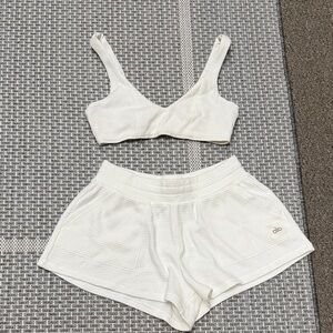 Alo Yoga Waffle Weekend Escape Shorts and Bra in Ivory